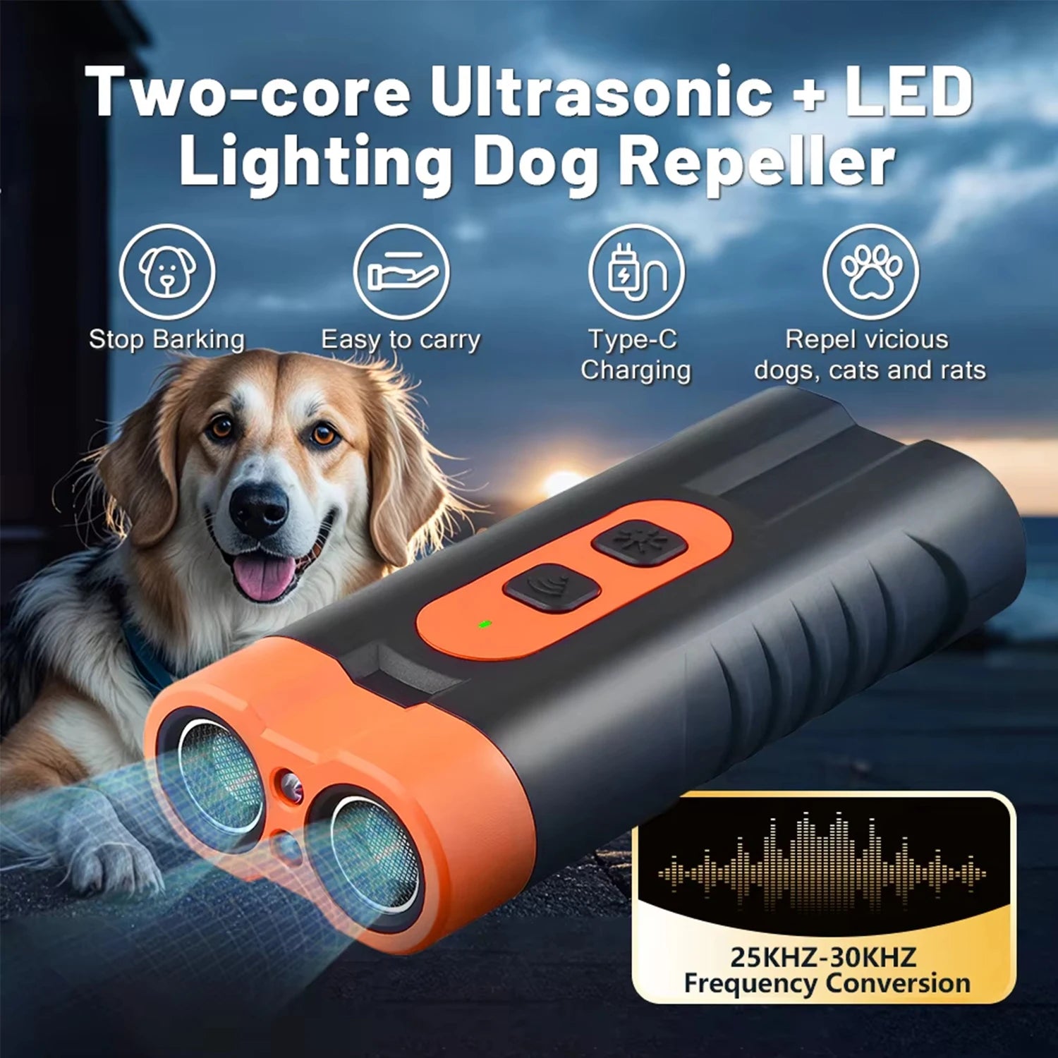 New Dual Head Ultrasonic Dog Repeller USB Rechargeable Dog Training Device High-Power Anti Bark Device with LED Flashlight