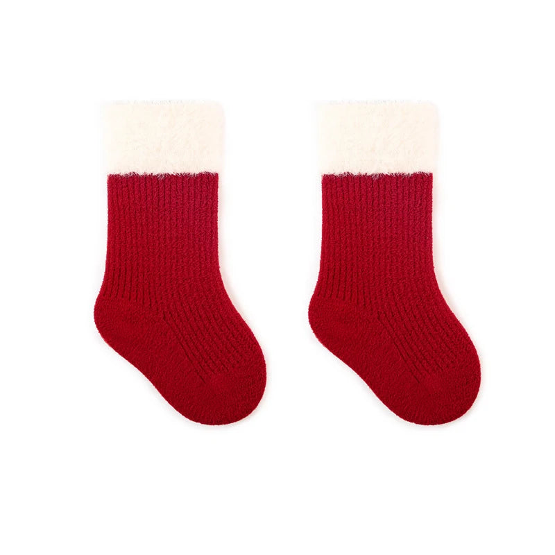 Red New Year Socks Newborn Baby Kids Soft Solid Thickened Velvet Toddler Mid Socks Girls Infant Boys Cute Boneless Socks 0-12Y
