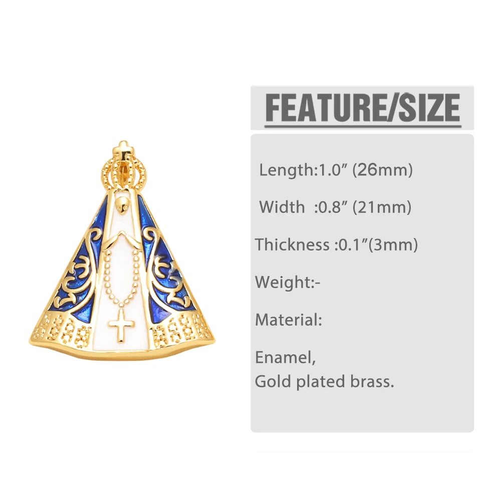OCESRIO Blue Enamel Virgin Mary Pendant for Necklace Copper Gold Plated Crystal Round Handmade Jewelry Making Supplies pdta050