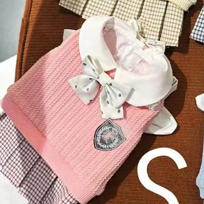 Plaid Pet Sweater For Cats & Small Dogs | Warm Spring Knit Dress With Adjustable Bow Tie | Cute College Style Outfit