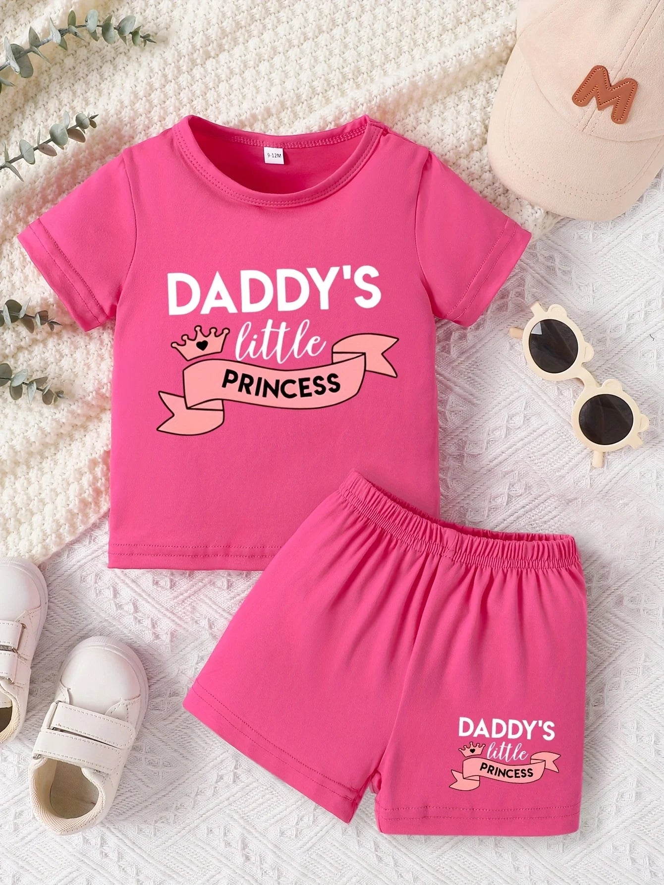 Baby girl round neck dad's little princess letter pattern short sleeved top+casual shorts set for spring and summer comfort two-