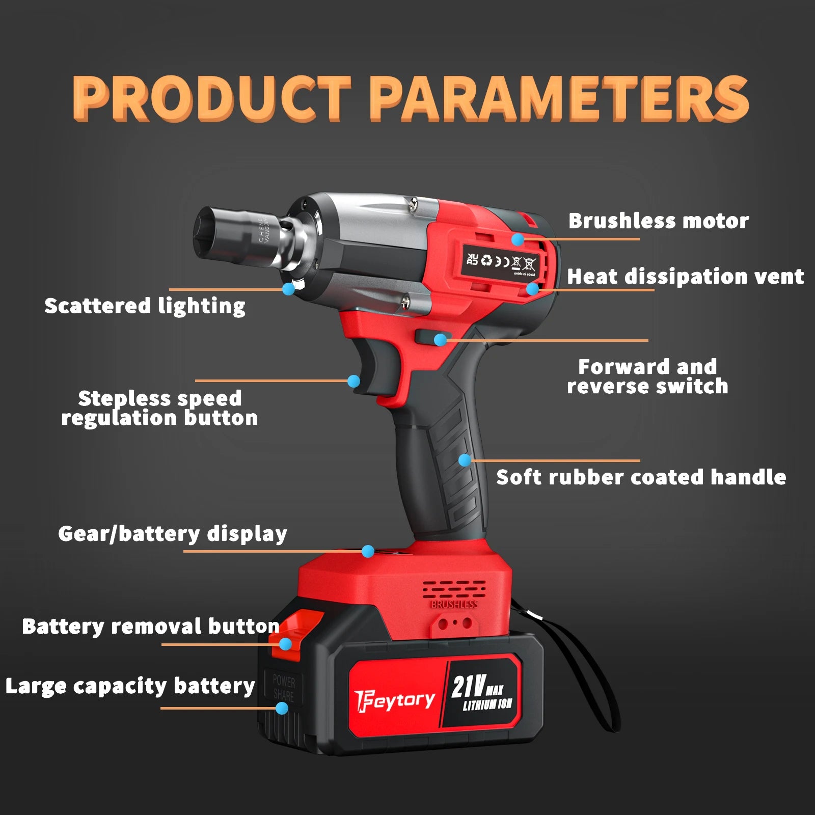 Feytory Cordless Impact Wrench,1/2" Brushless Power Impact Gun,1500N.m Electric Wrench with 4 Sockets&12PCS Screwdriver Bits