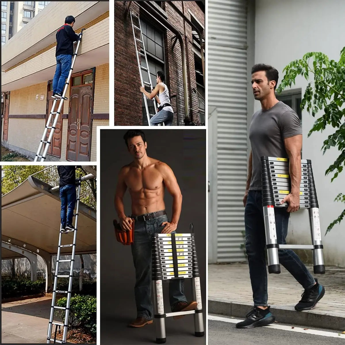 Telescopic Ladder 6.2m with Detachable Hooks & Extendable Steps, Folding Tall Loft Ladder with Non-Slip Feet Collapsible Ladder
