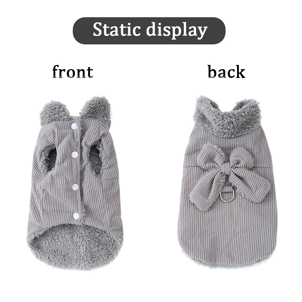 Winter Pet Clothes Cozy Thicken Fleece Solid Kitten Sweater For Small Cats Dogs Cute Bow Jacket Coat With D-Ring Sphynx Costume