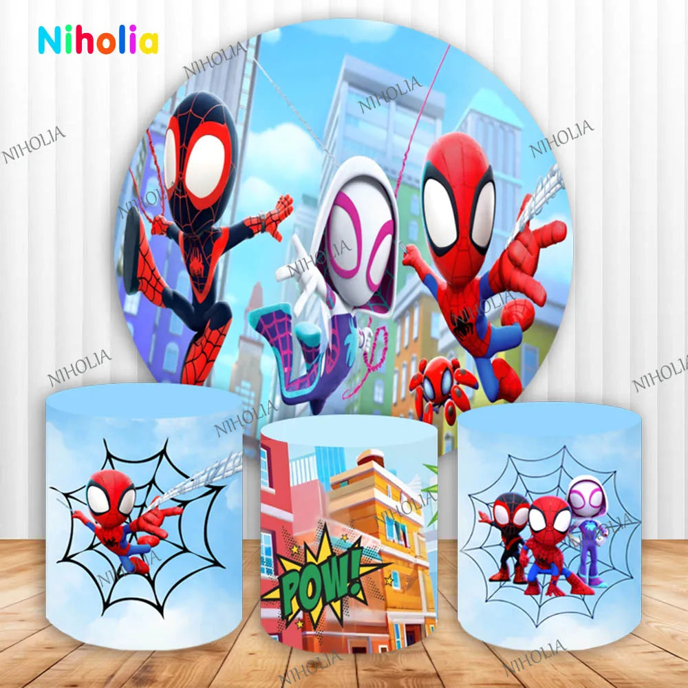 Spidey and His Amazing Friends Round Backdrop Blue Birthday Decoration Photo Photography Background Cover Baby Shower