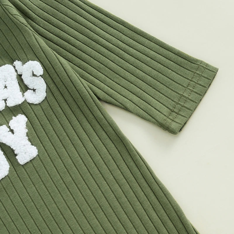 Pudcoco Infant Newborn Baby Boy Bodysuits Letter Embroidered Ribbed Long Sleeve Round Neck Fall Jumpsuits Hat Outfits 0-18M