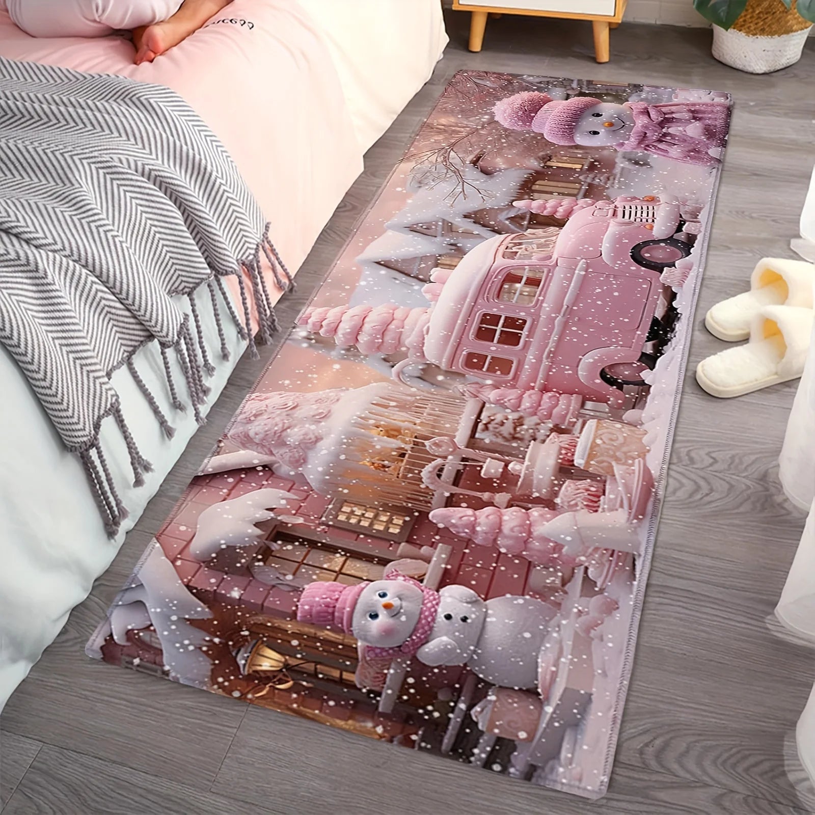 VIKAMA Christmas Pink Carpet Snowman Castle Floor Mat Living Room Carpet Bedroom Bedside Rug Soft Doormat Welcome Carpet Home De