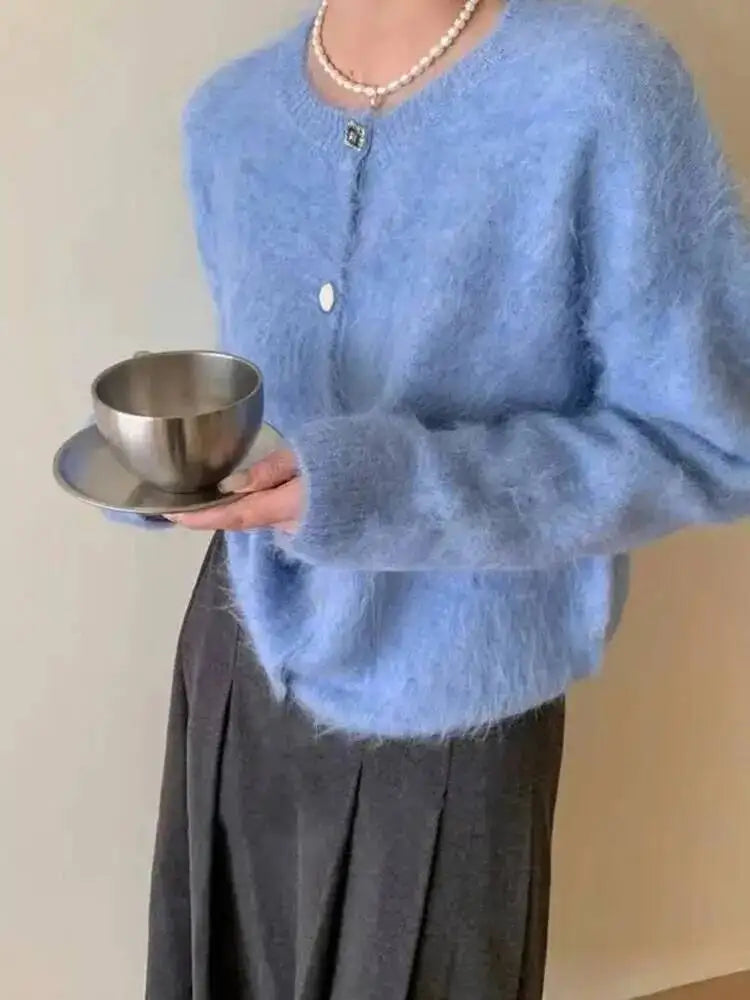 Winter Alpaca Wool Knitted Cardigan Women Soft Round Neck Single Breasted Loose Button Sweater Coat