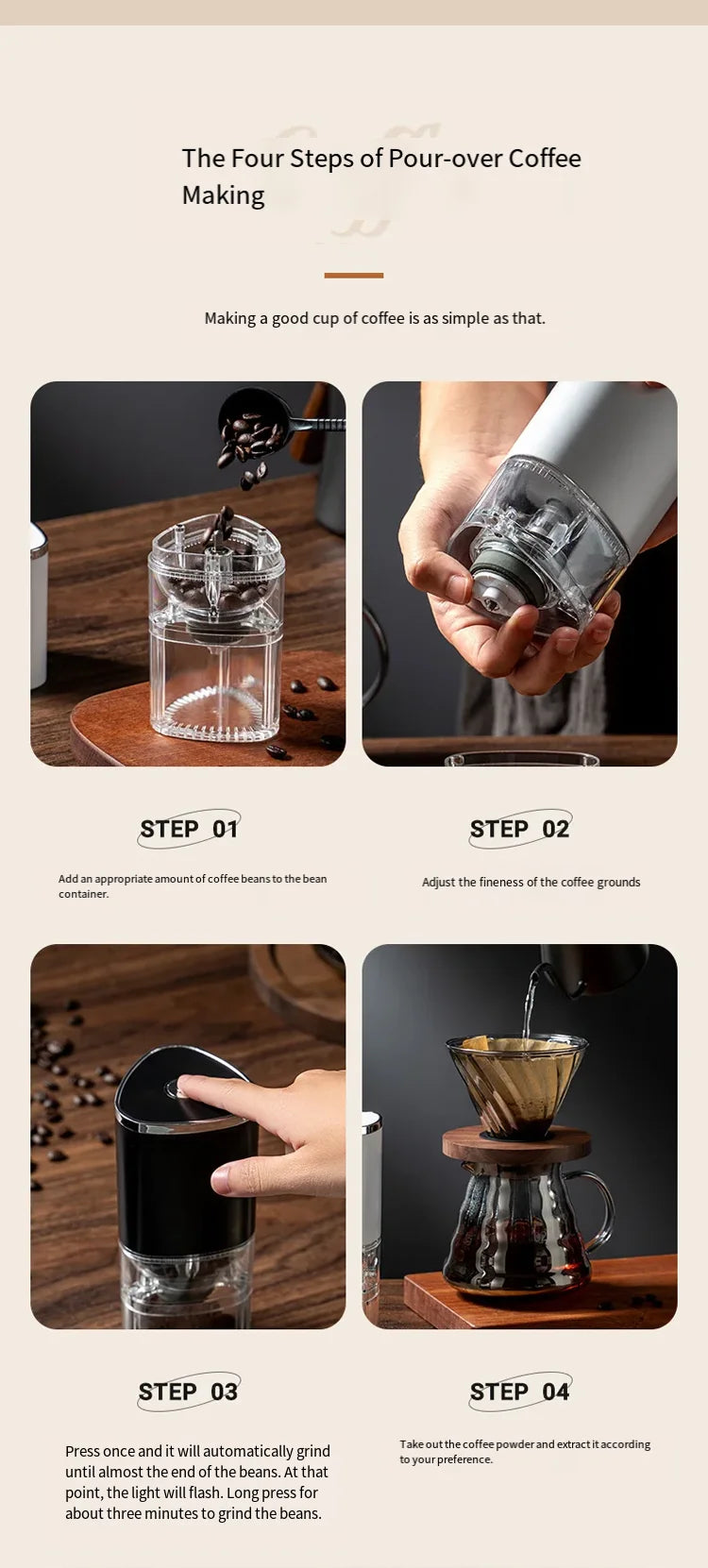 Household Electric Coffee Bean Grinder Multi-Level Adjustment Fast Grinding No Residue Anti-Scalding Design Suitable For Brewing