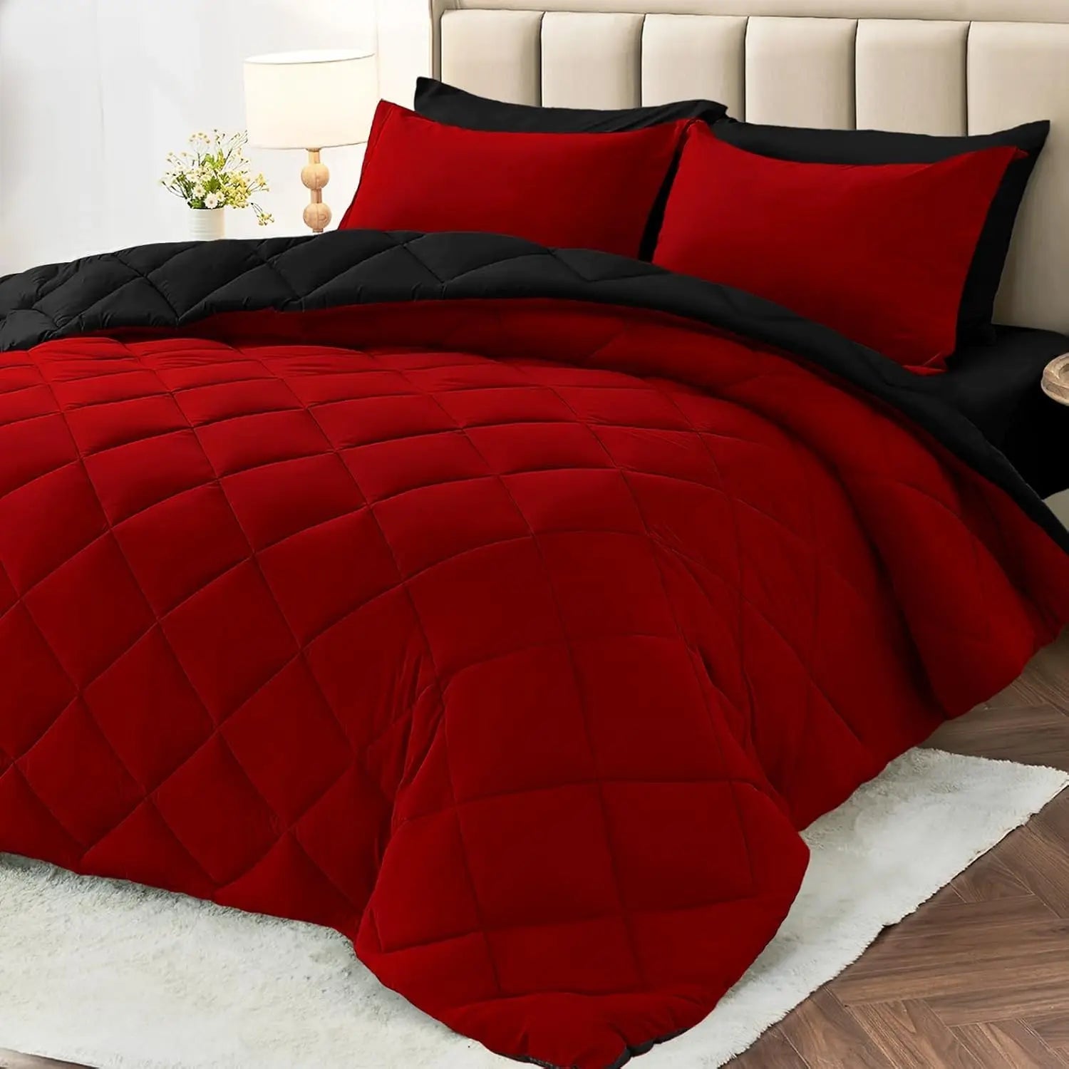 Reversible Comforter Set Queen/King Size, All Season Bedding Set with Ultra Soft Comforter, Pillow Shams, Red & Black