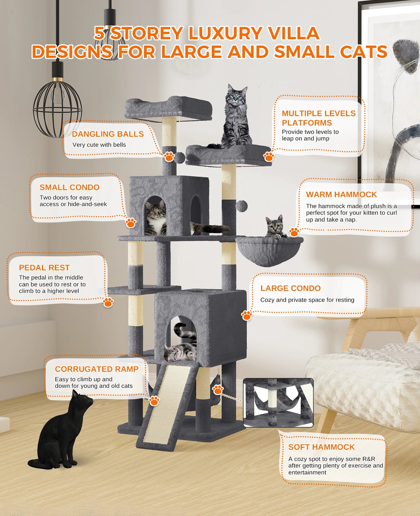 Oak & Tea Cat scratching post 158cm Climbing Tower with 7 Scratching Pillars, 2 Houses & 2 Hammocks for Domestic Cats