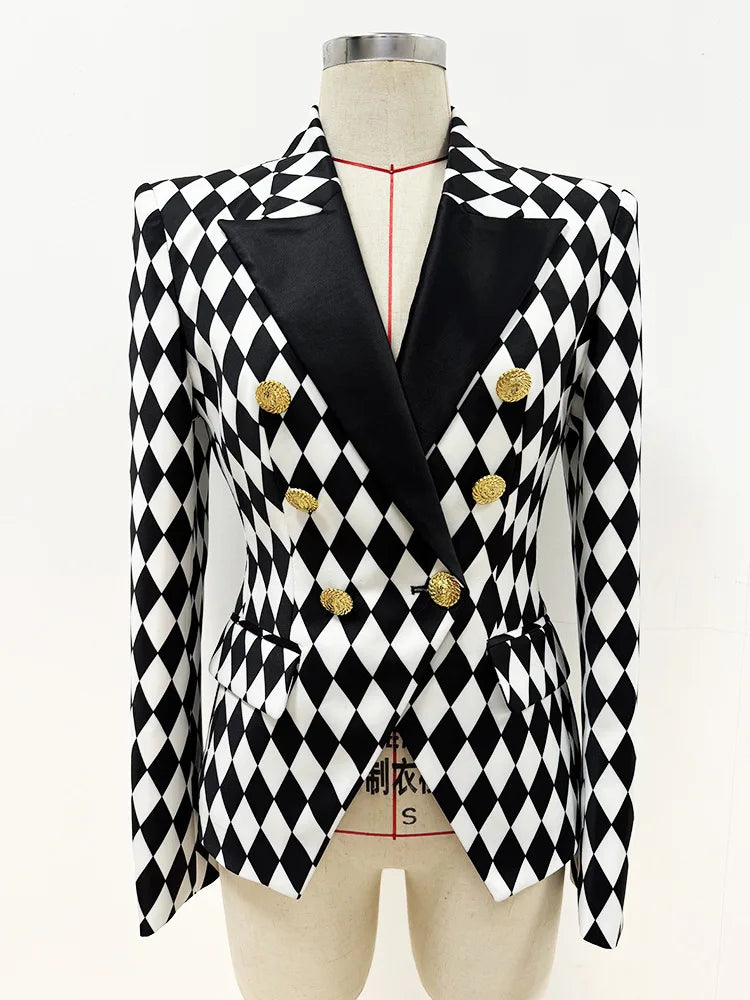 HIGH STREET Newest 2025 Designer Jacket Women's Black And White Checkered Slim Double Breasted Blazer