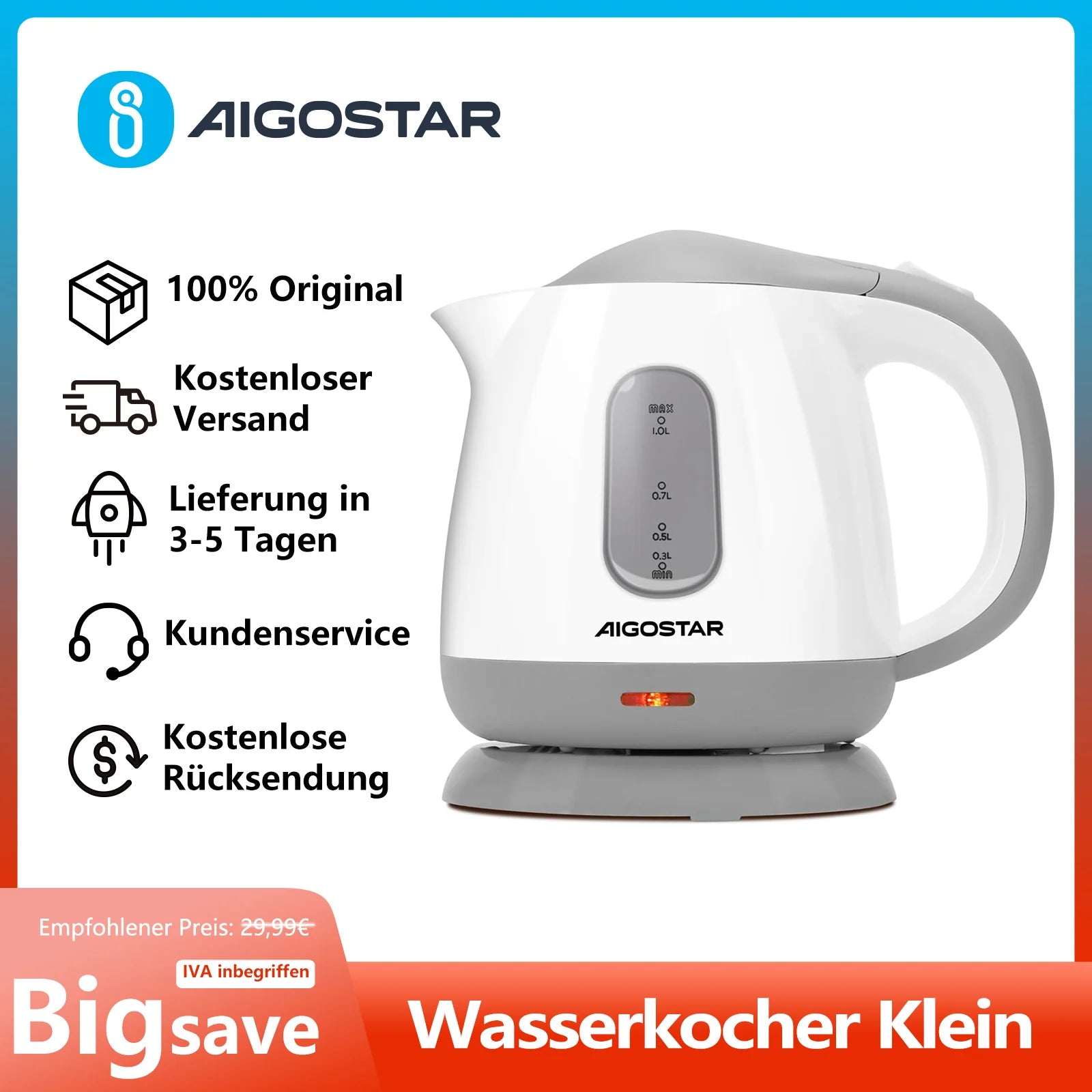 Aigostar Juliet - 1 Litre Compact Kettle, 1100W, Small Kettle, Dual Water Level Indicator, Detachable Anti-Limescale Filter, 360