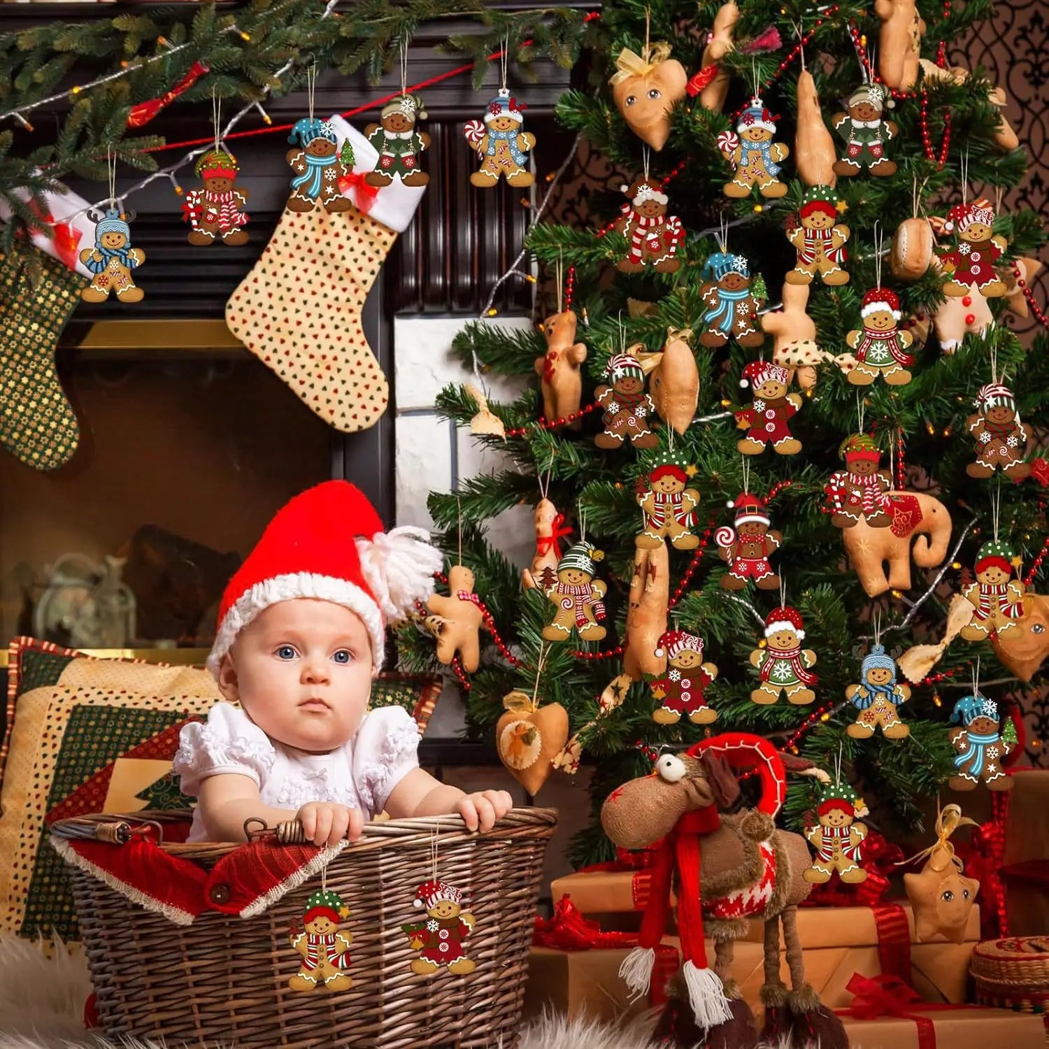 Gingerbread Man Ornaments Set Christmas Tree Wooden Hanging Decorations Pendants Cute Cartoon Xmas DIY Hangings Home Decoration