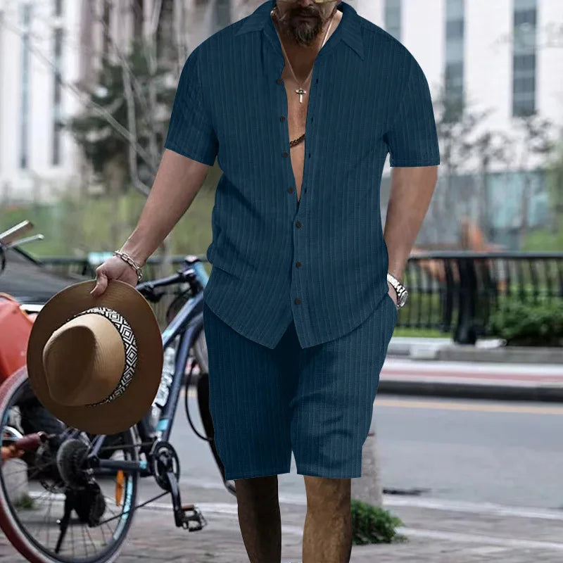 Summer European and American Style Men's Clothing Short Sleeve Cardigan Suit Men's Casual Loose Short Sleeves Shorts Beach Suit