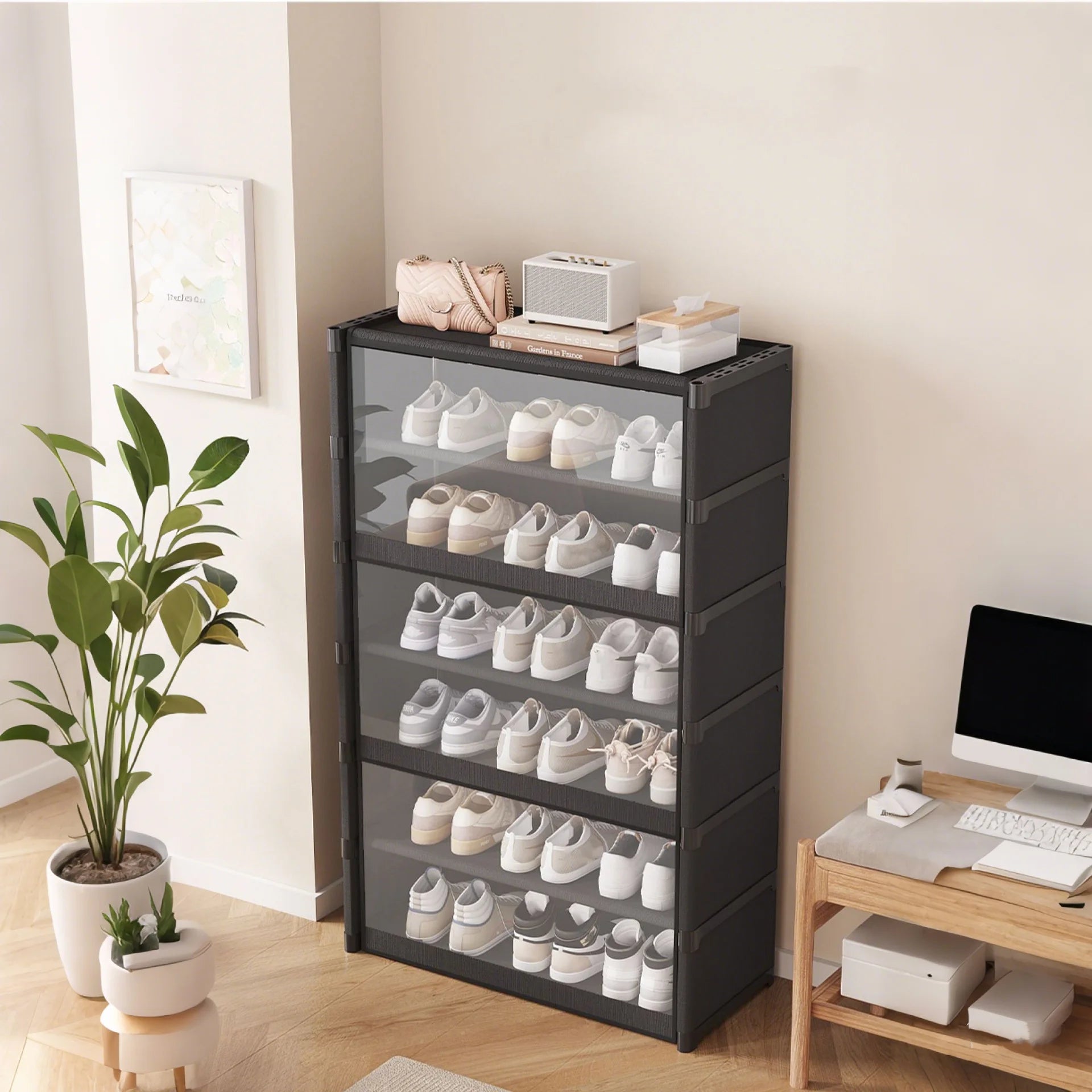 Grand support organisateur de rangement de chaussures anti-poussière avec porte transparente, boîte d'armoire de rangement pour pantoufles et baskets, étagère empilable haut en plastique
