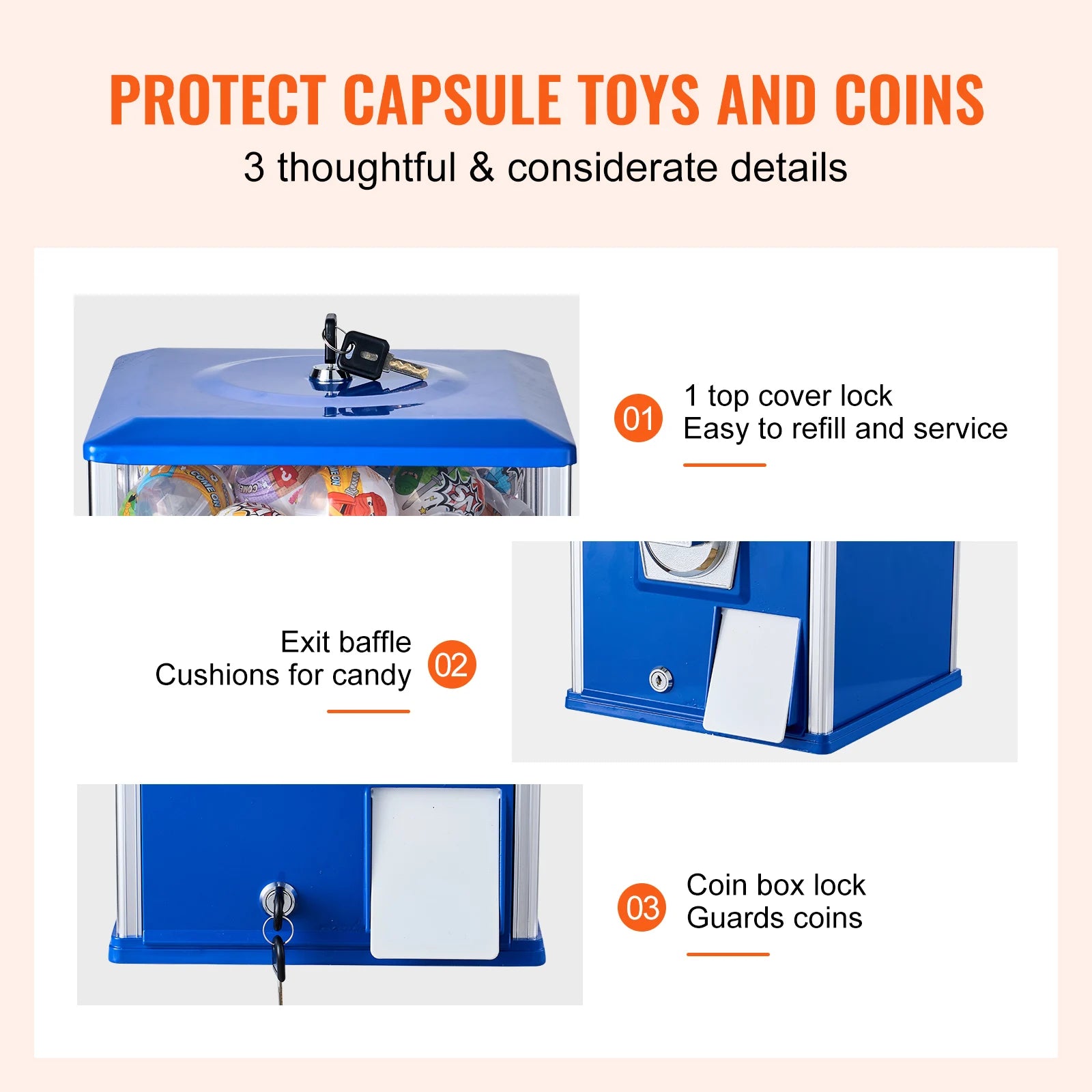 SucceBuy 25inch Gumball Machine for Kids PS 230 Capsule Toys Rectangle Blue For Game Stores Coin Operated Gumball Bank