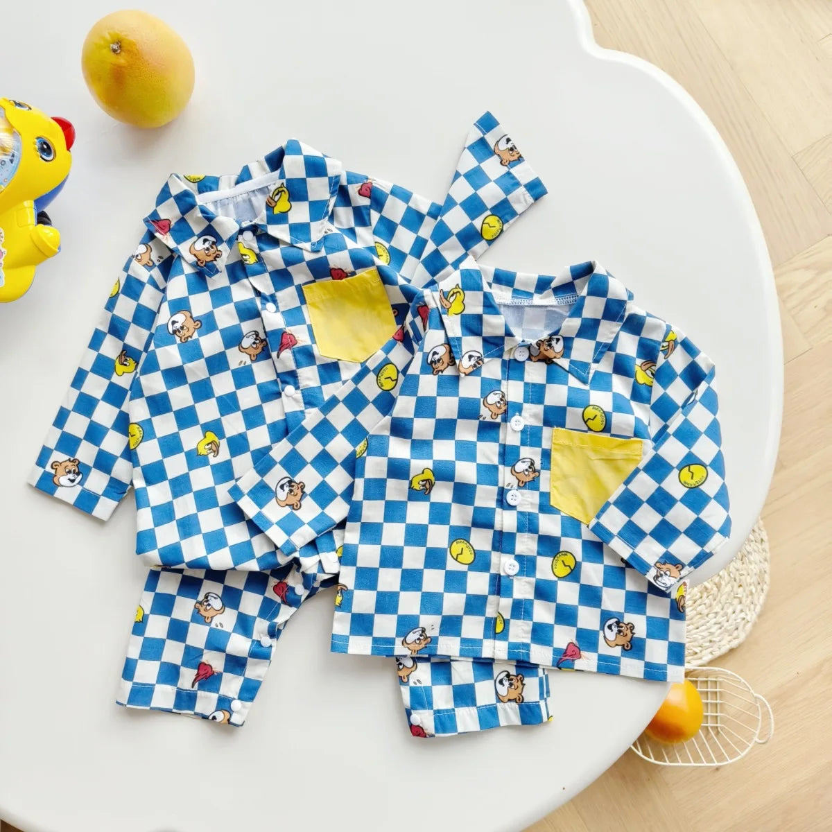 2024 Spring/Autumn New Infant Toddler Pure Cotton Grid Cartoon Printed Long Sleeve Single-Breasted Buttoned Romper