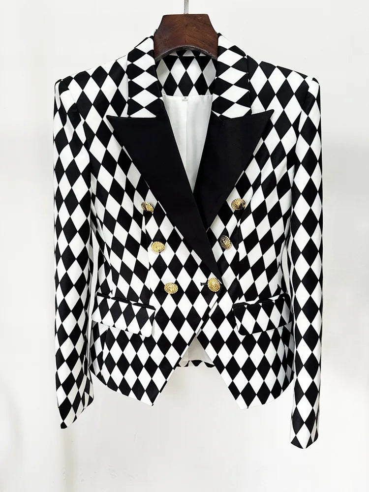 HIGH STREET Newest 2025 Designer Jacket Women's Black And White Checkered Slim Double Breasted Blazer