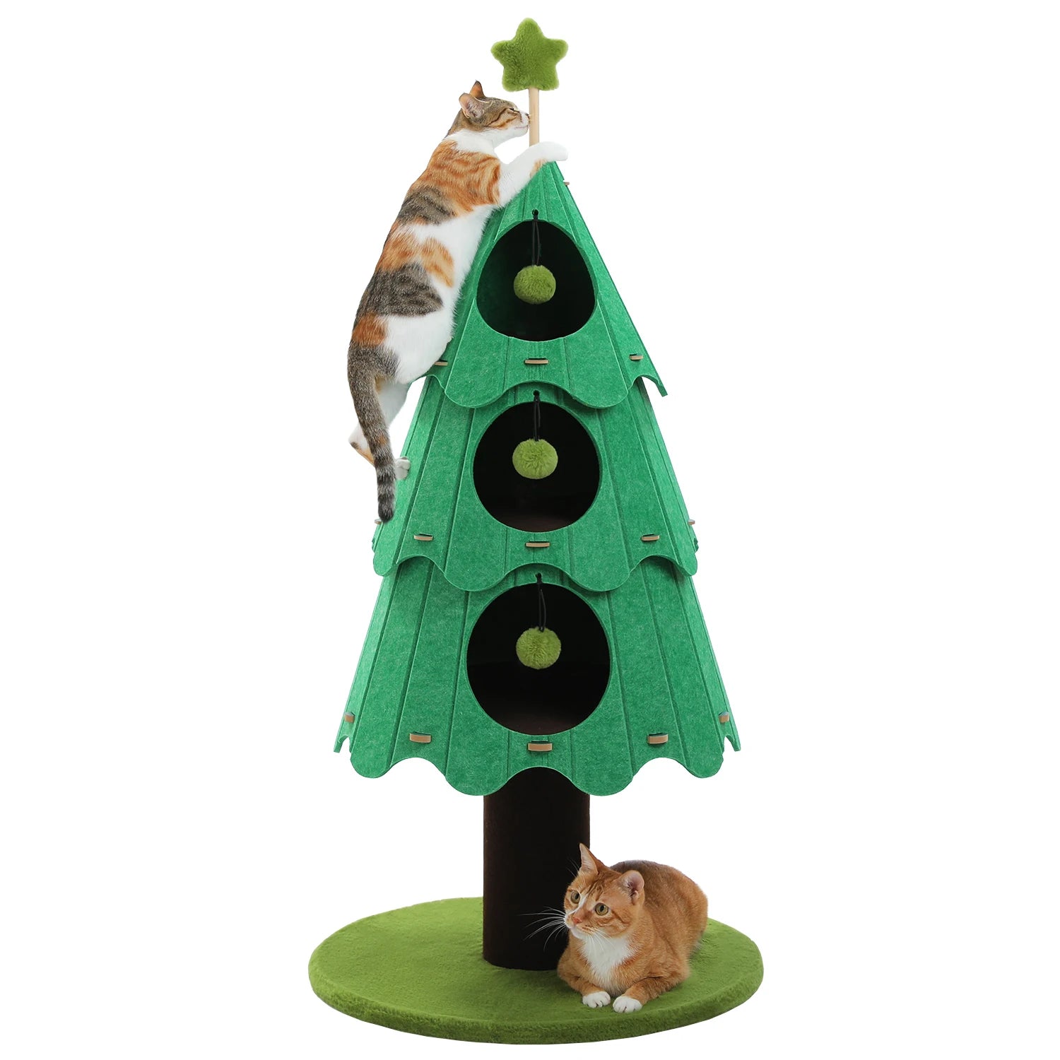 Christmas Cat Tree Tower with 3 Cozy Condos &amp; Pompoms Multi-Level Cat House Bed for Indoor Cats Modern Cat Furniture Cat Toys