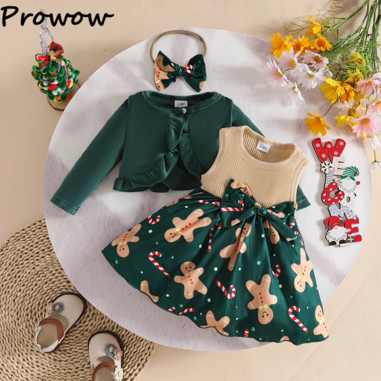 Prowow 0-3Y New Year Baby Dresses Green Velvet Coat Cardigan+Gingerbread Man Dress For Newborns My First Christmas Baby Clothes