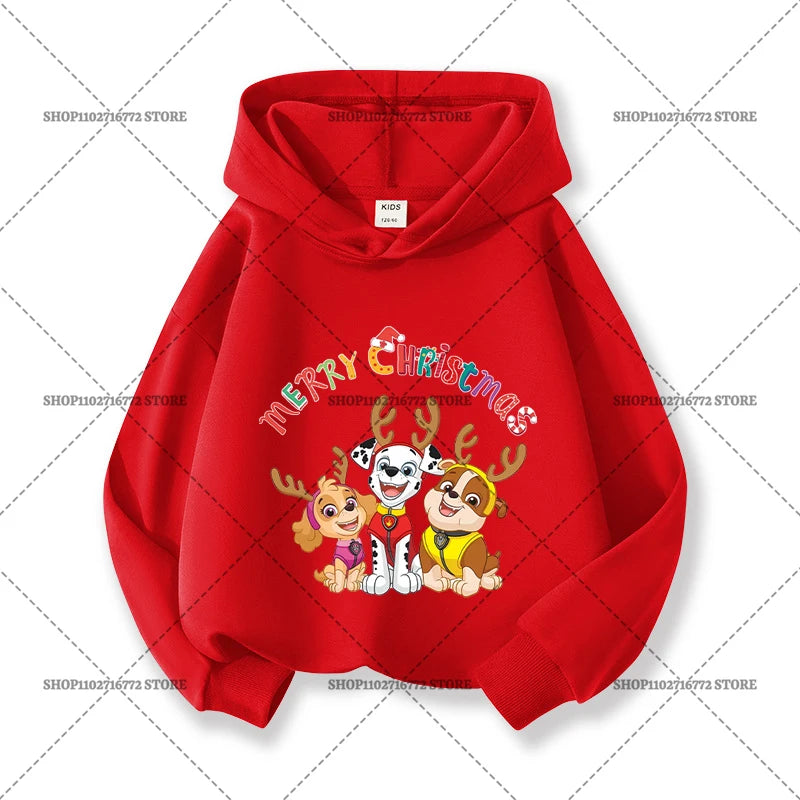 Paw Patrols Christmas Baby Hoodies Cute Anime Print Long Sleeved Child Red Top Pullover Casual Sweatshirt Kids Clothes Xmas Gift