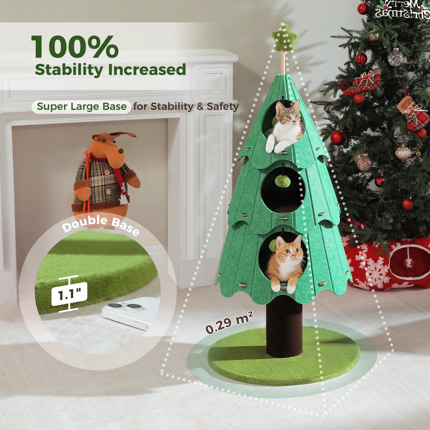 Christmas Cat Tree Tower with 3 Cozy Condos &amp; Pompoms Multi-Level Cat House Bed for Indoor Cats Modern Cat Furniture Cat Toys