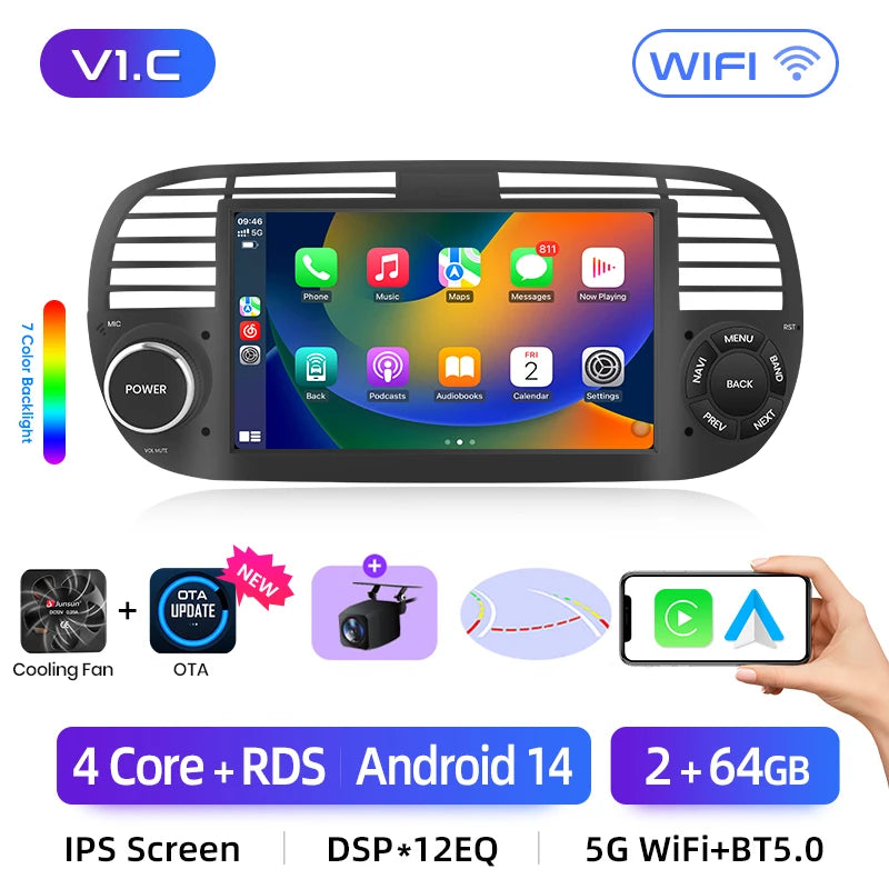 Junsun Android13 Car Radio For FIAT 500 500C Abarth 2007-2015 Car Smart Systems For Apple Carplay FM GPS SWC BT