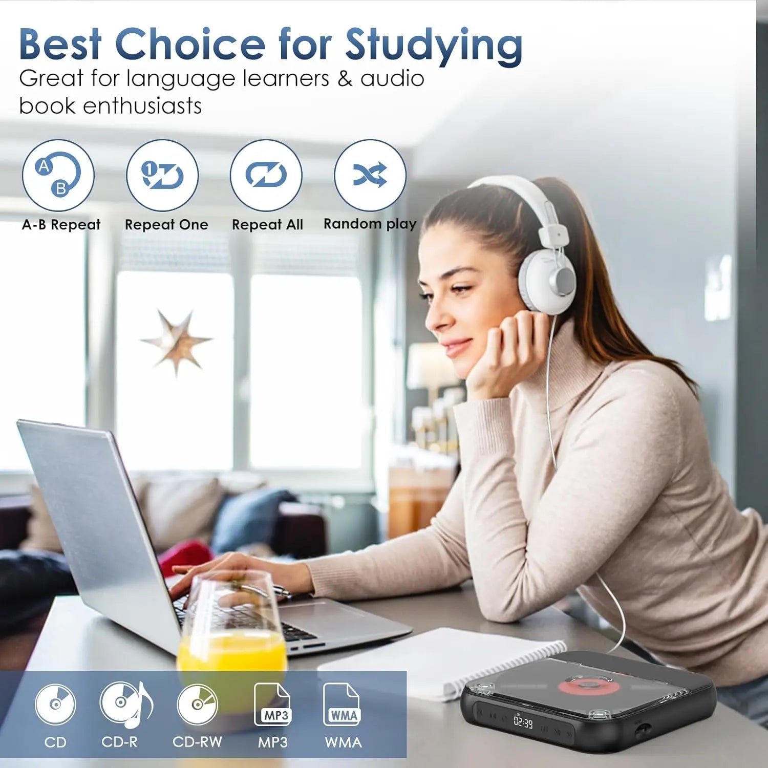 Portable Bluetooth CD Player USB-C Quick Charging gift for Study Music Grandparents Black