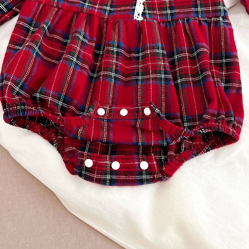 Christmas Infant Baby Girl Romper Autumn Winter Newborn Baby Girl Children Clothes Red Plaid Lapel Long Sleeved Newborn Romper