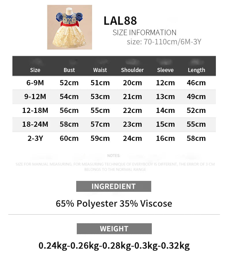 Snow White Girls Party Dress for Baby Carnival Halloween Cosplay Costumes Toddler Bow 1st Birthday Dresses Puff Sleeve Clothing