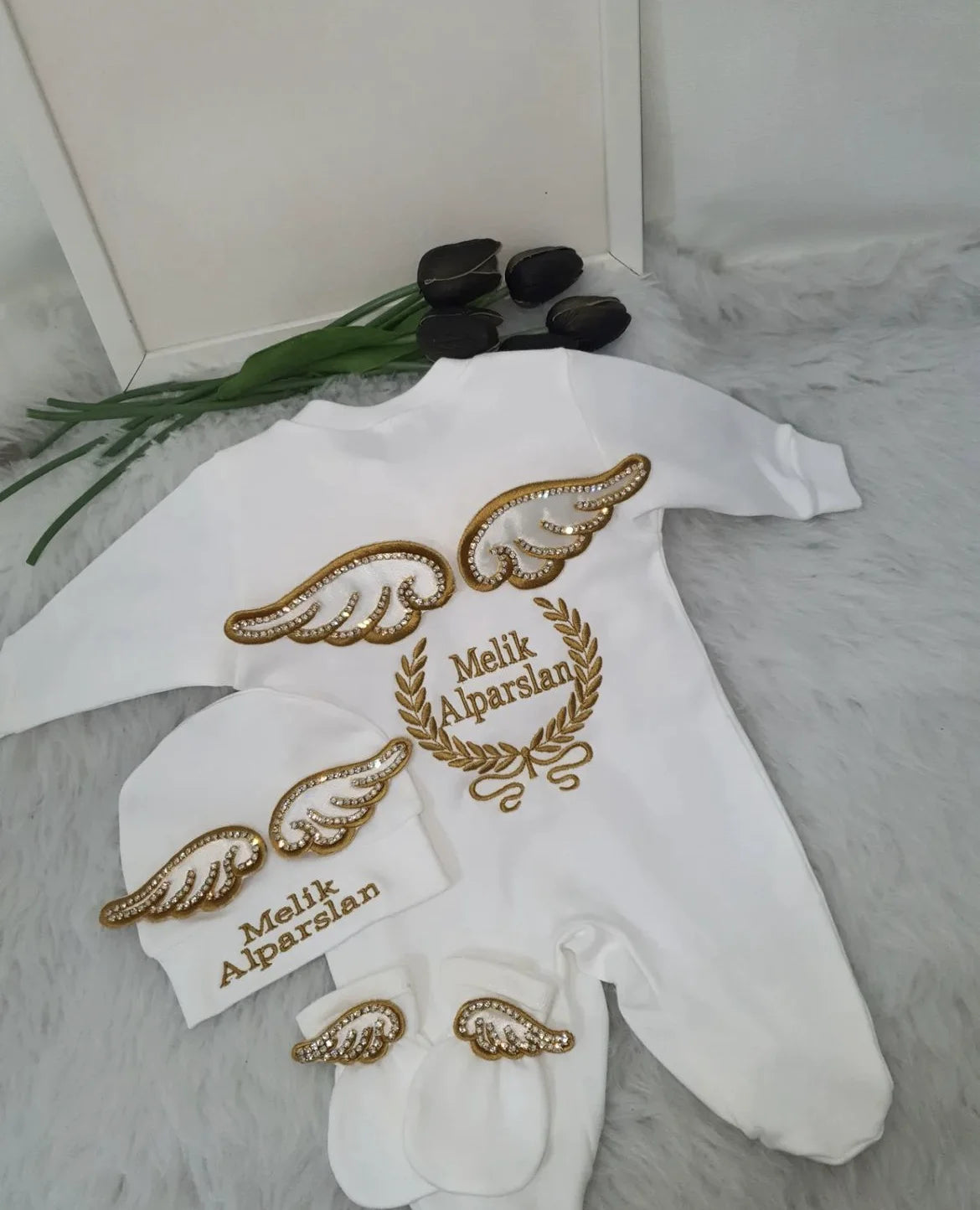 Dollbling 5pcs Wings Outfits Any Name Personalized Sweetwood Embroidery Gift Set Baby Pajamas Hat Welcome Home Ceremonial dress