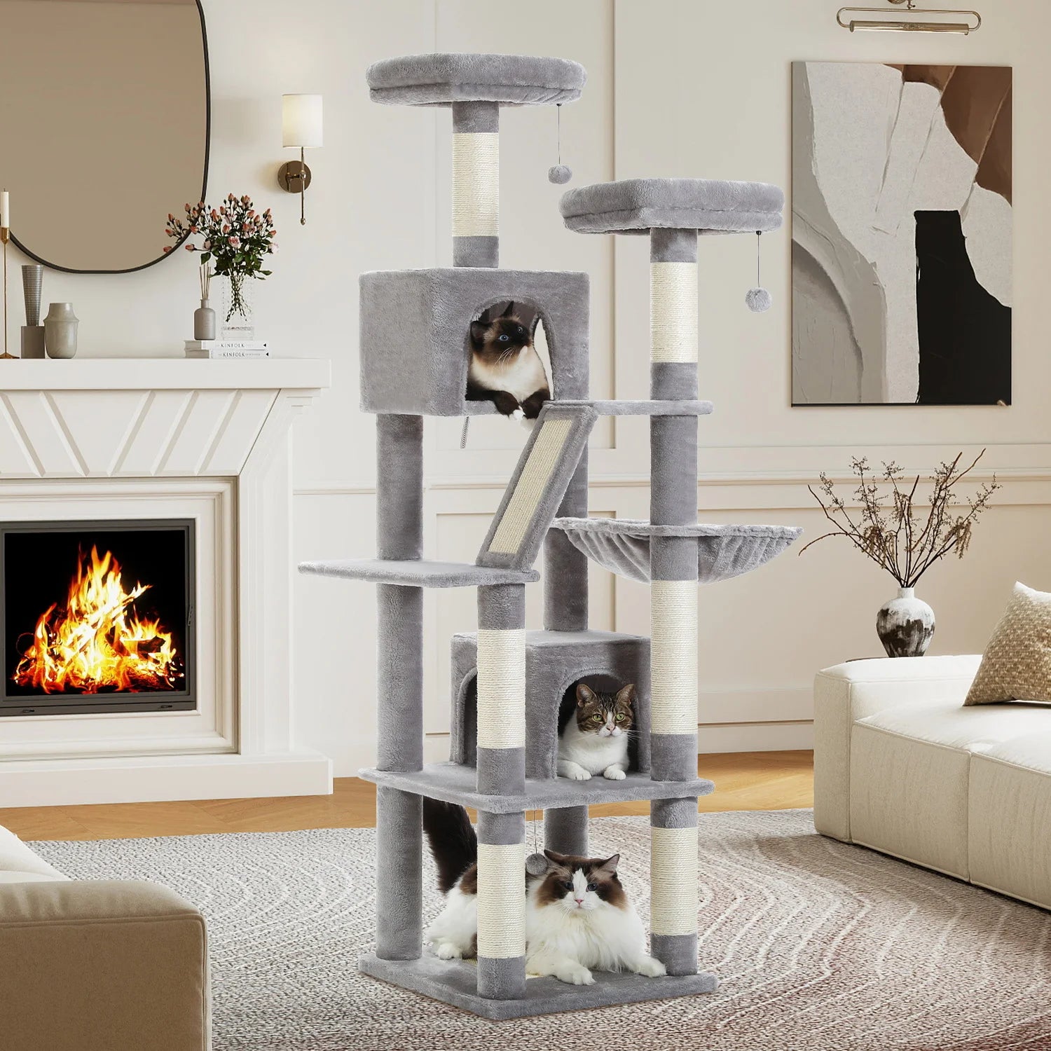 Stable&Safe Multi-Level Cat Tree Tower with Cozy Condo,Scratching Posts&Boards,Perches,Hammock,Pompoms for Active Cats,Cat Toys