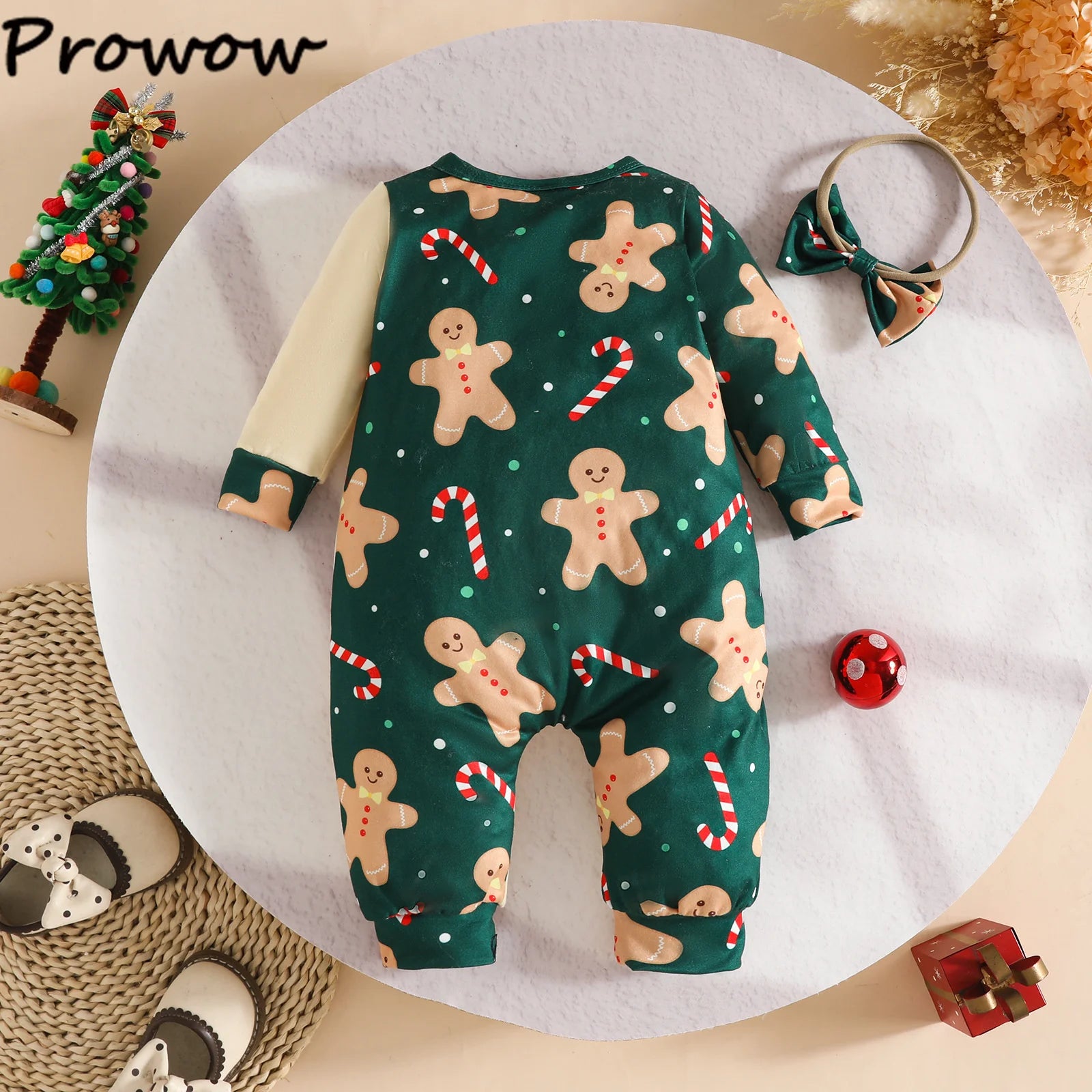 Prowow Baby Christmas Clothes 2025 Cartoon Pattern Green Romper Xmas Jumpsuit For Kids Newborn New Year Baby Costume Boy Girls