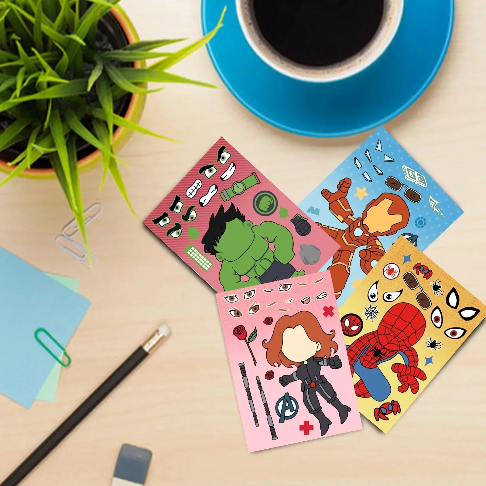 8 Marvel made puzzle stickers for Avengers superheroes, DIY children's puzzles made by children themselves
