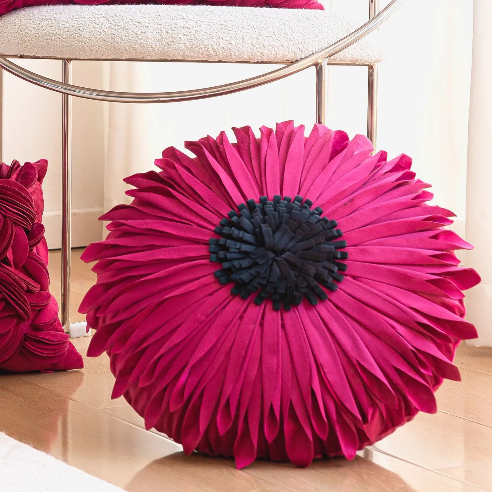 Modern Style Yellow White Throw Pillows Round  45*45 Velvet Stitching 3D Chrysanthemum Cushion Cover Waist Blue Cute Pillowcase