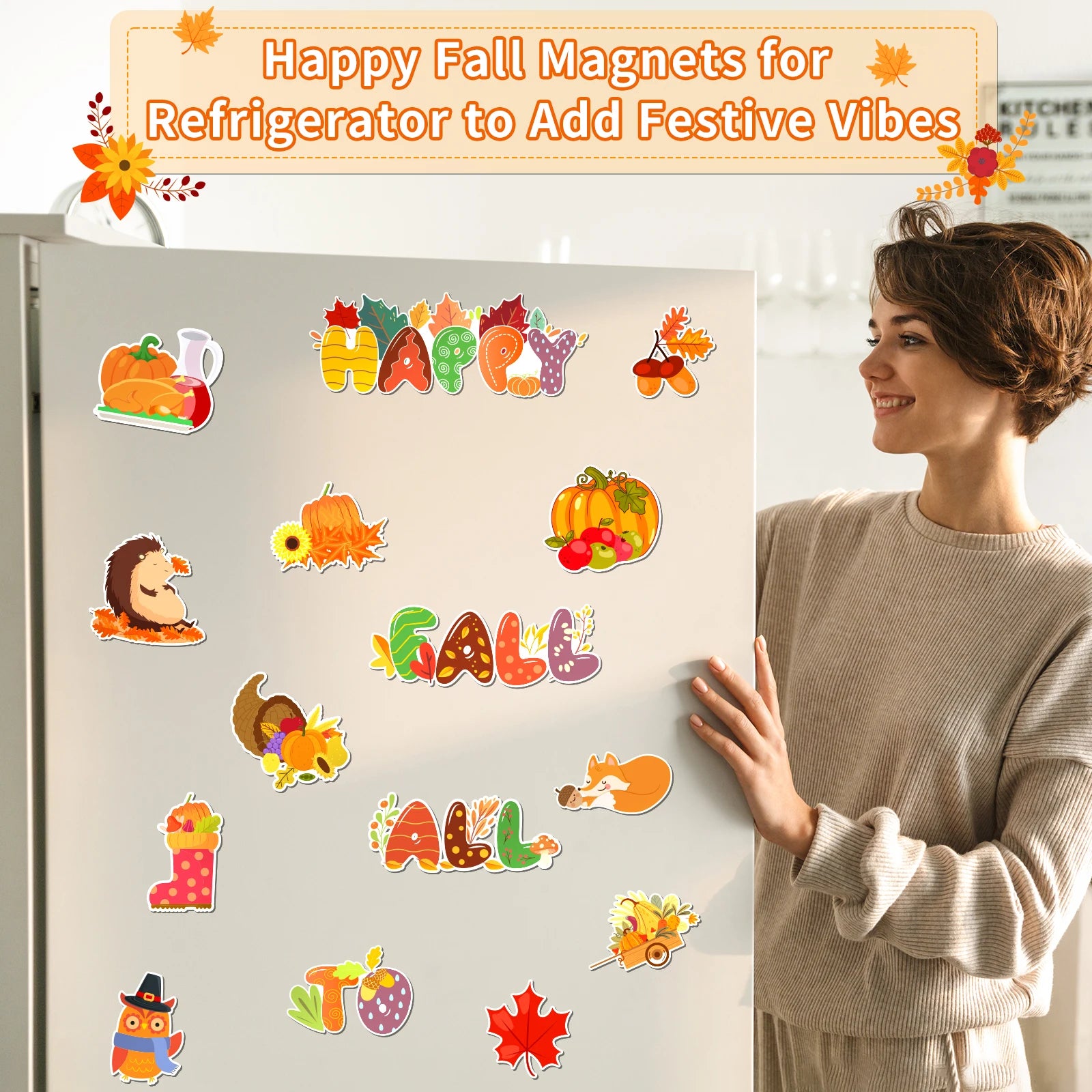 15Pcs Fall Magnets Decorations, Fall Thanksgiving Reflective Car Refrigerator Magnets, Holidays Magnetic Stickers Magnet Decal A