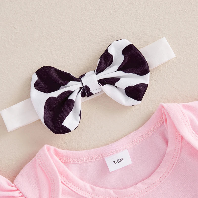 Baby Girl Fall Outfits Cow Embroidery Long Sleeve Romper Long Pants Headband 3Pcs Clothes Set