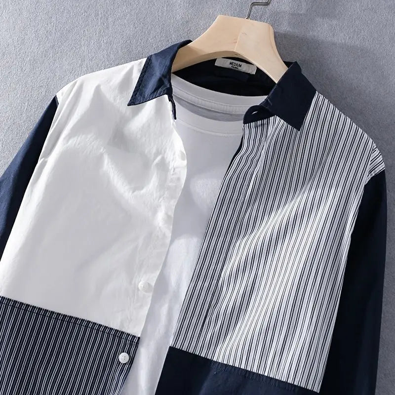 Spring Autumn New Fashion POLO Collar Long Sleeve Patchwork Men's Clothing Blouse Color Blocking Striped Korean Single Shirts