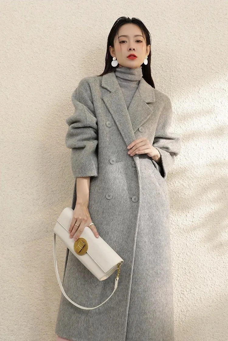 High Grade Gray Double-Sided Cashmere Coat For Women In Autumn And Winter With Hand Sewn Lapel And Double Breasted Long Coat