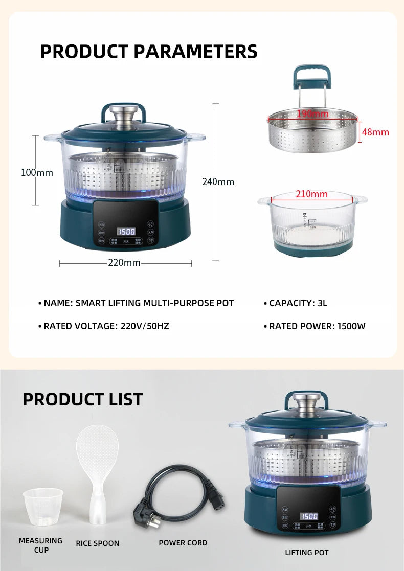 3L  Rice Soup Separation Lifting Electric Hot Pot Sugar-controlled Rice Cooker Household Intelligent Health Pot
