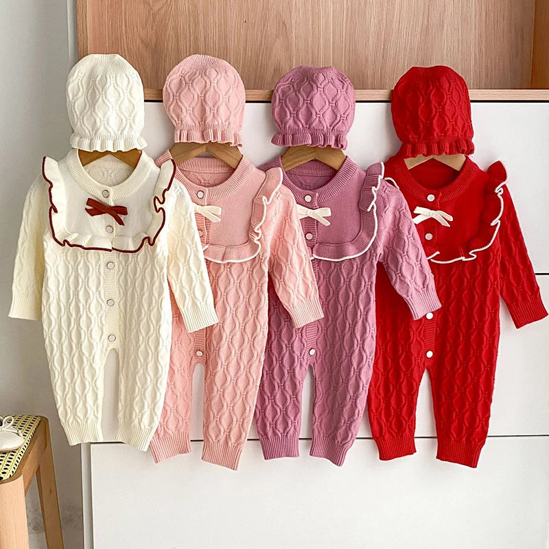 Christmas Baby Rompers Clothes Hat Autumn Winter Knitted Bow Newborn Girls Jumpsuits Fashion Solid Plain Toddler Kids Rompers
