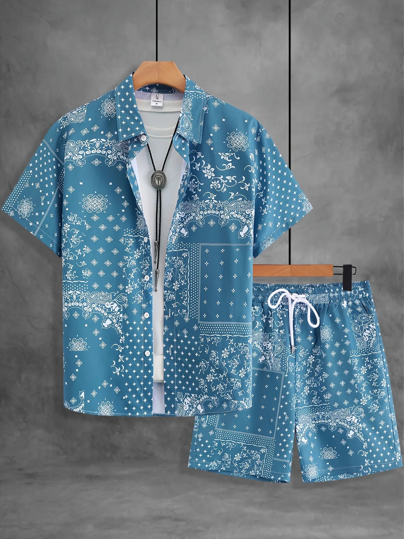 2pcs Men's Paisley Print Shorts Shirt Set Drawstring Waist Summer Beachwear White with Black Floral Prints Asian Size