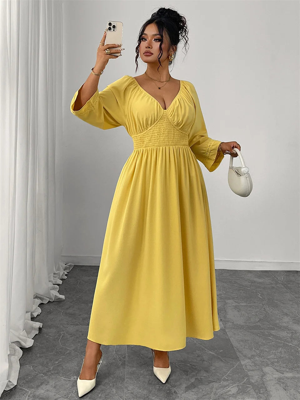 GIBSIE Plus Size Deep V-neck Sexy Long Dress Women Autumn 2025 New Solid Party Elegant High Waist Elastic A-Line Dresses