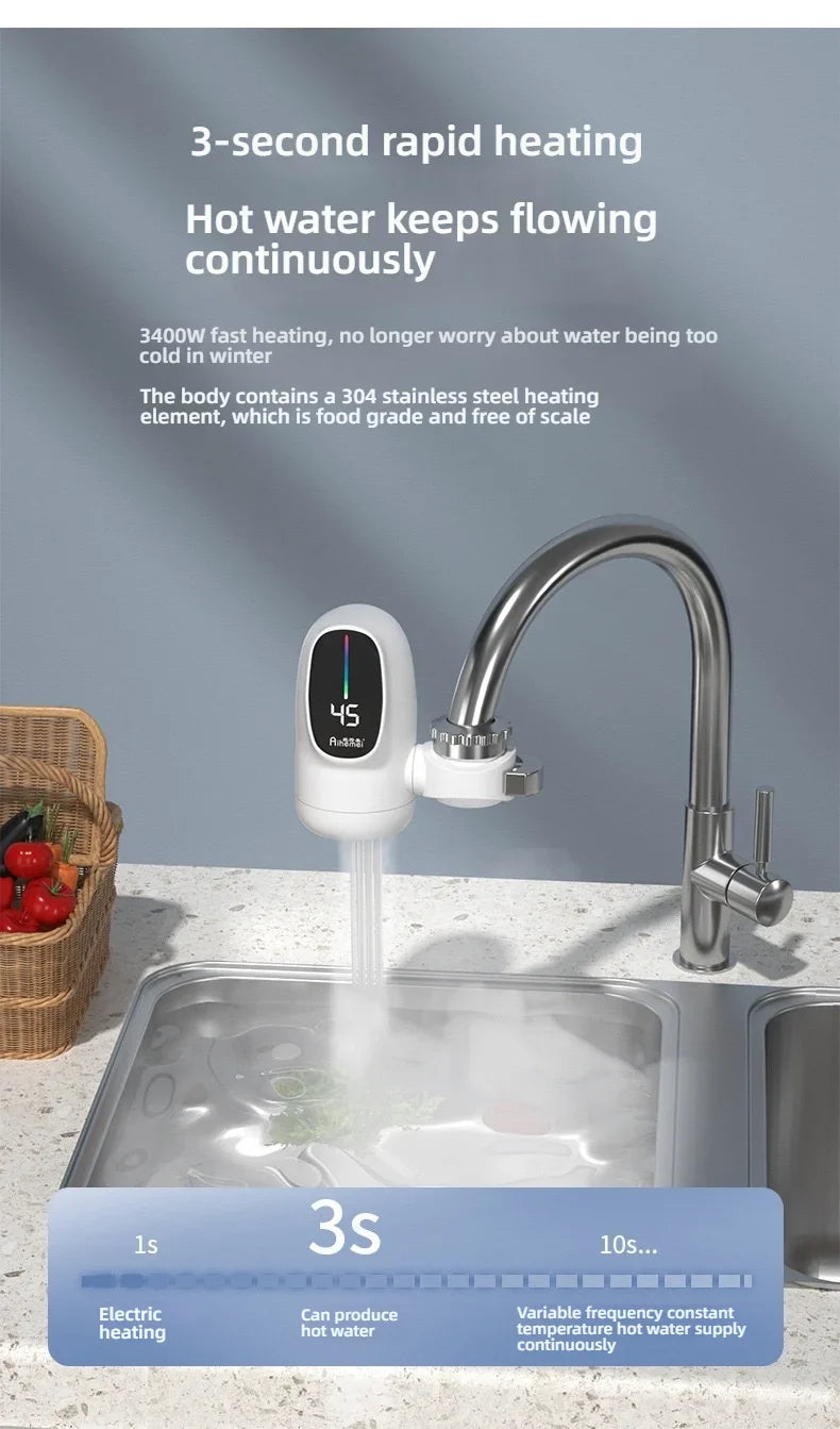 3000W Instant Hot Water Heater Faucet Electric Tankless for Kitchen Fast Heating Tap with Temperature Display