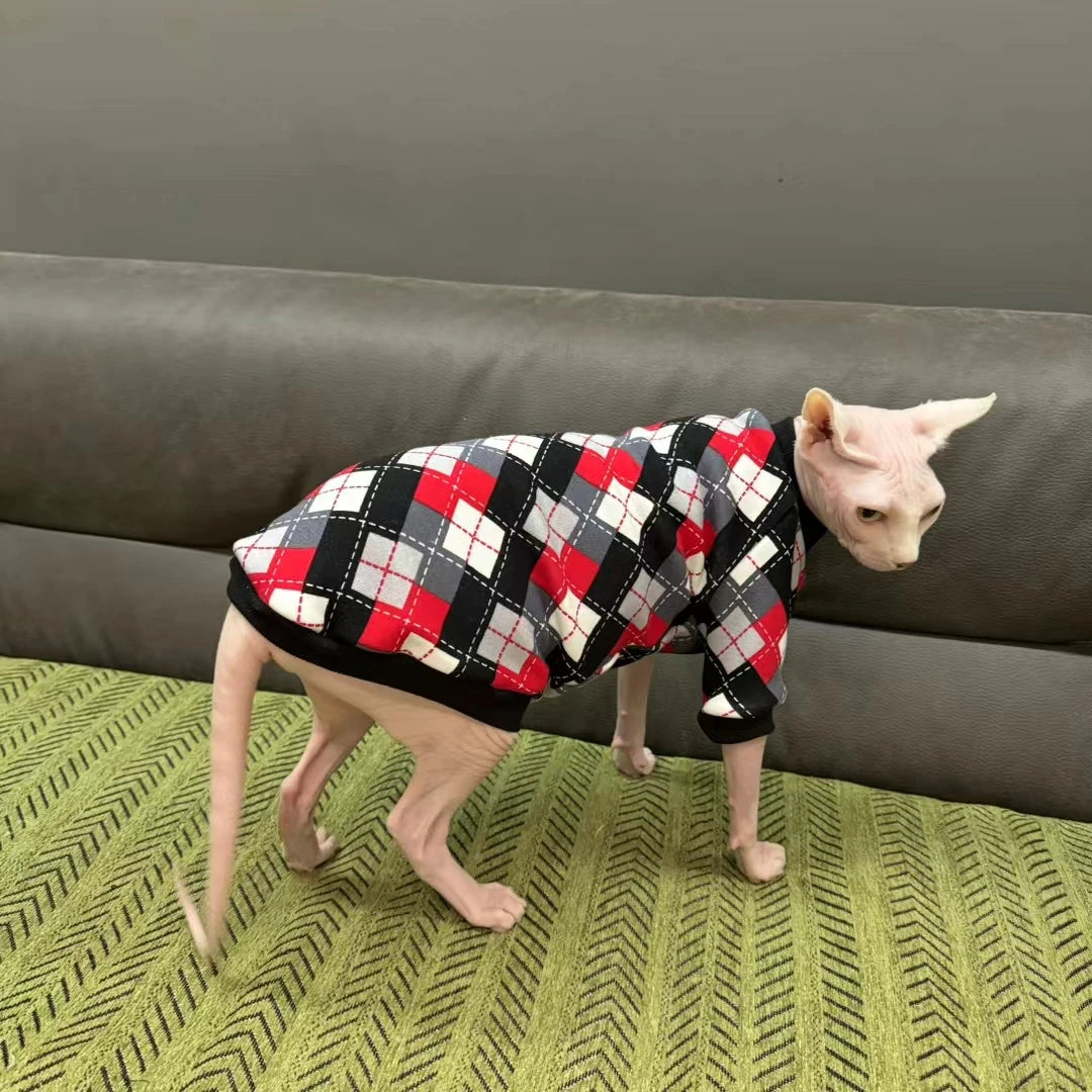 4-Legged Striped Cotton Coat for Sphynx Cat Blue Long Sleeves Jumpsuit for Kittens Devon Rex Soft Brick Red Winter Undershirt
