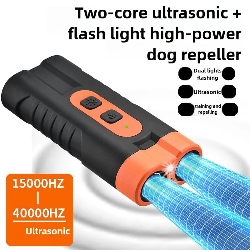 New Dual Head Ultrasonic Dog Repeller USB Rechargeable Dog Training Device High-Power Anti Bark Device with LED Flashlight