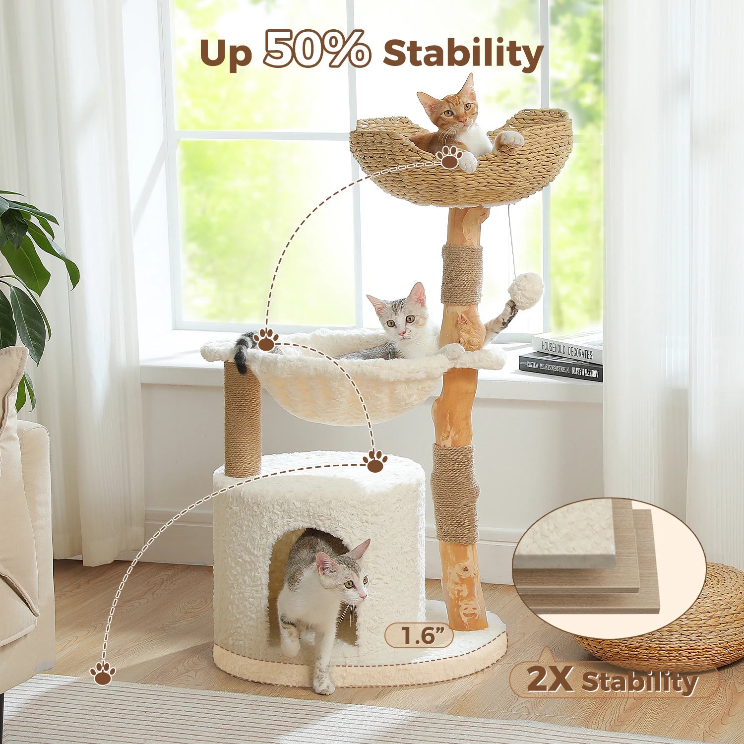 Modern Cat Tree Tower with Natural Solid Wood Scratching Posts Spacious Wicker Basket Luxury Cat Condo Bed for Indoor Cat Toys