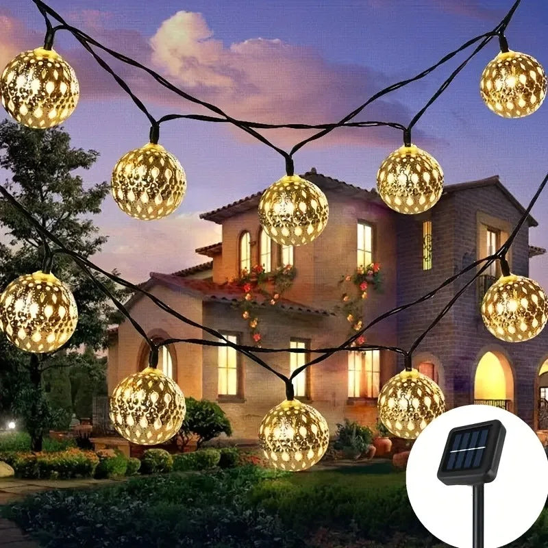 Solar Moroccan String Lights Metal Spherical Outdoor Fairy Lights for Christmas, Thanksgiving, New Year, Valentine's Day
