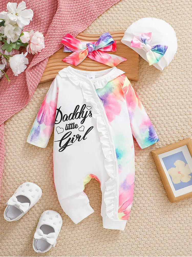 Newborn Girl Tie - Dye Romper Outfit: "Daddy's Little Girl" Print with Headwrap & Hat